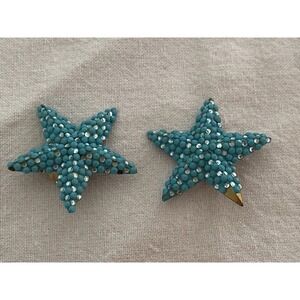 VTG Richard Kerr Turquoise Blue Starfish Clip Earrings Rhinestone 80s Statement